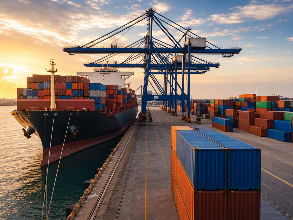 Containerhafen mit Schiff fuer den Transport nach Marokko